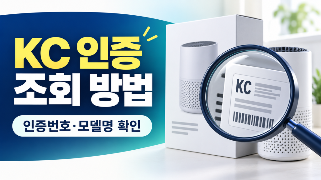 제품 라벨의 KC 표시와 인증번호를 돋보기로 확인하는 KC 인증 조회 방법 안내 이미지