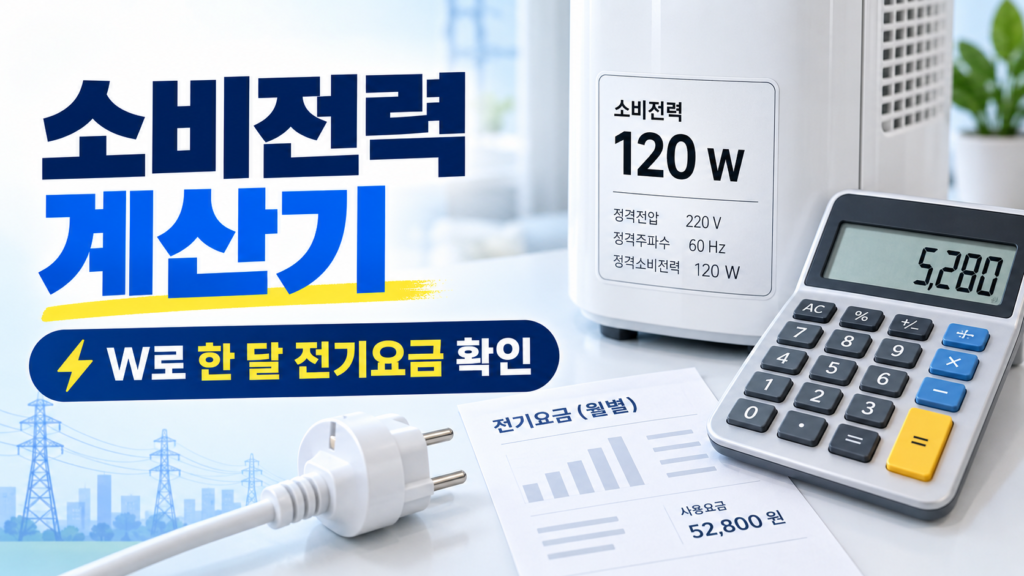 소비전력 120W 제품 라벨과 계산기로 한 달 전기요금을 확인하는 모습