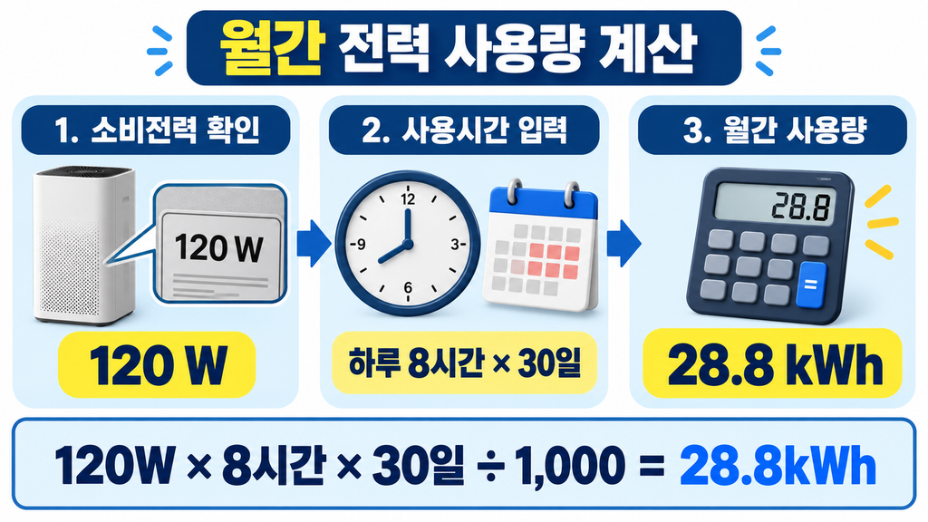 소비전력 계산기로 120W 제품의 월간 전력 사용량 28.8kWh를 계산하는 과정