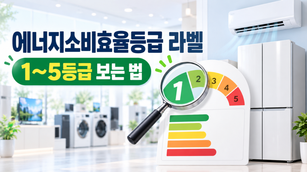 에너지소비효율등급 라벨의 1등급부터 5등급까지 표시를 돋보기로 확인하는 모습