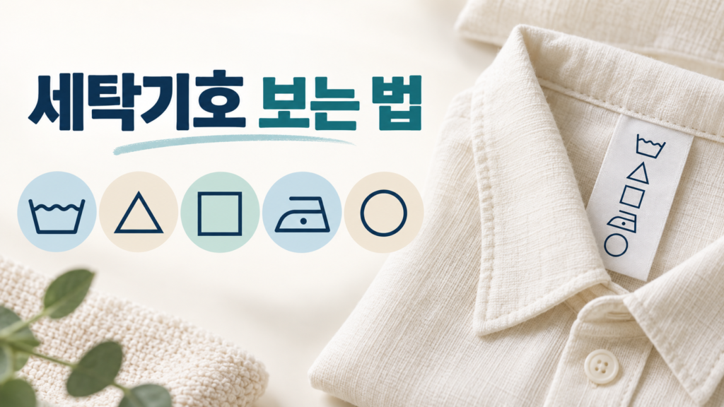 세탁기호 보는 법 제목과 세탁·표백·건조·다림질·드라이클리닝 표시가 있는 의류 라벨