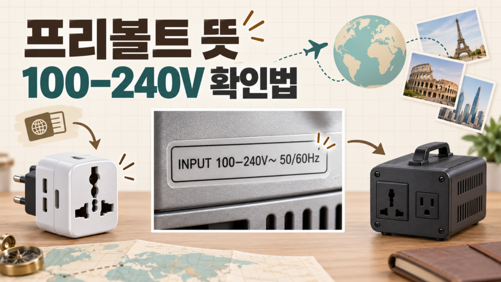 프리볼트 뜻과 100-240V 전압 표시 확인법을 설명하는 플러그 어댑터와 변압기 이미지